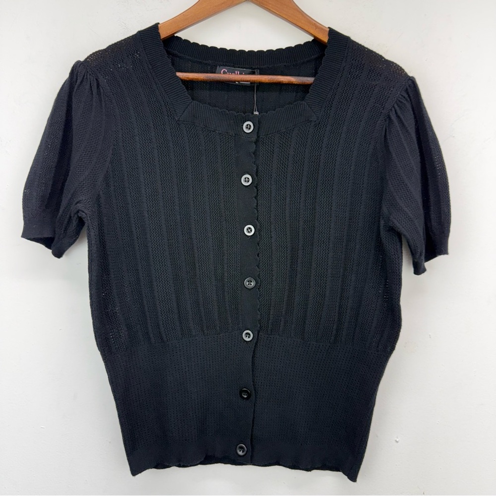 Curlbiuty size Large Women’s Black Short Sleeve Button Up Cardigan Sweater NWT